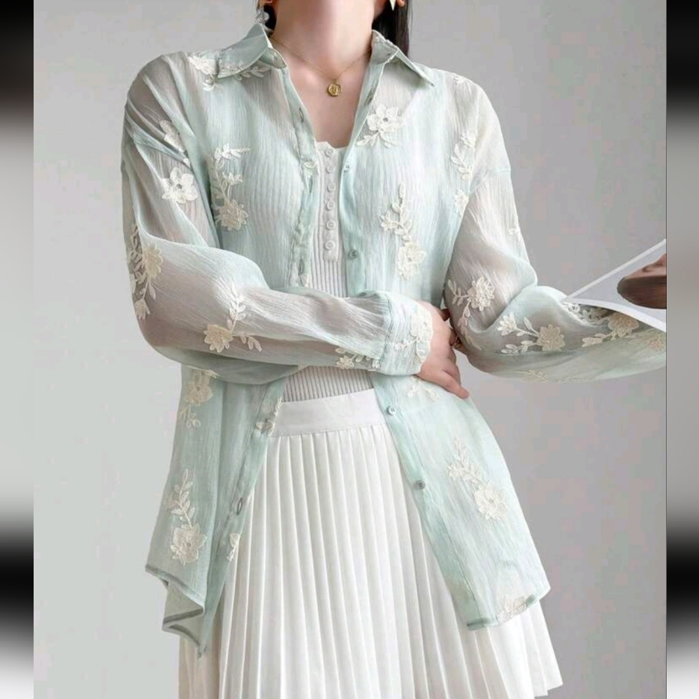 Women's Embroidered Button Up Front Long Sleeve Elegant Blouse, Summer - Picture 3 of 5